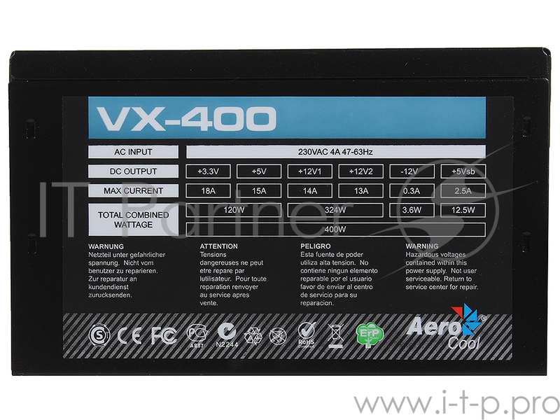 Блок питания Aerocool 400W RTL VX-400 ATX V2.3 {6P/20+4P/4+4P/SATA x2 /MOLEX x2/FDD}