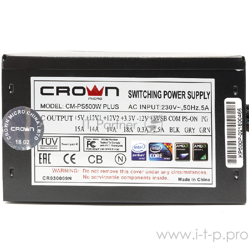 Блок питания CROWN Блок питания CM-PS500W PLUS (ATX 500W, EMI/CE, 20+4in 400mm, 120mm red FAN, SATA*4, IDE*4, FDD*1, 4+4pin, 6+2pin PCI-E*1, кабель питания 1.2м, плёнка)