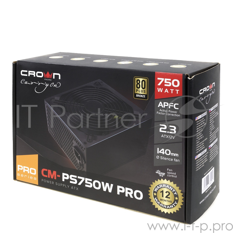 Блок питания CROWN Блок питания CM-PS750W PRO (ATX, 750W, 80Plus BRONZE, APFC 20+4in 500mm, 140mm FAN, SATA*7, PATA*7,FDD*1, 4+4pin, 6+2pin PCI-E*2, картонная упаковка)