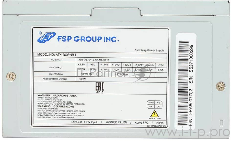 Блок питания FSP 600W ATX-600PNR-I OEM {24Pin+4+SATA}