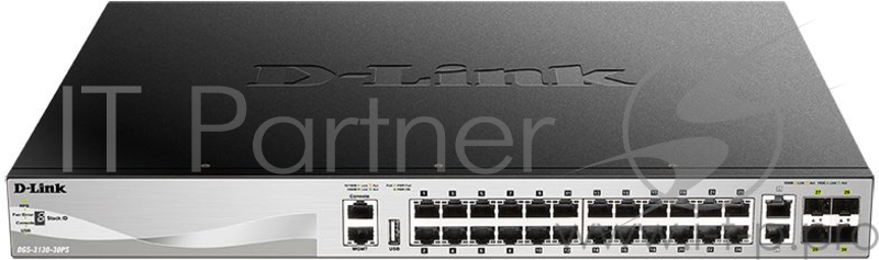 Коммутатор D-Link DGS-3130-30PS/A1A, L2+ Managed Switch with 24 10/100/1000Base-T ports and 2 10GBase-T ports and 4 10GBase-X SFP+ ports (24 PoE ports 802.3af/802.3at (30 W), PoE Budget 370W, PoE Budget with RPS