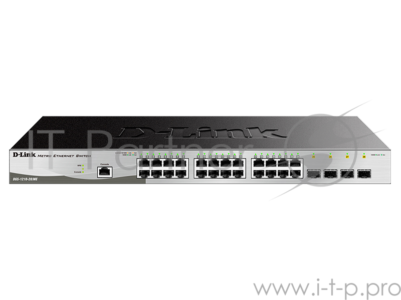 Коммутатор D-Link DGS-1210-28/ME/P/B1A, L2 Managed Switch with 24 10/100/1000Base-T ports and 4 1000Base-X SFP ports.16K Mac address, 802.3x Flow Control, 4K of 802.1Q VLAN, 802.1p Priority Queues, Traffic Segm