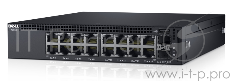 Коммутатор DELL Networking X1018 с веб-интерфейсом, 16 портов 1GbE и 2 порта 1GbE SFP, 3YPSNBD