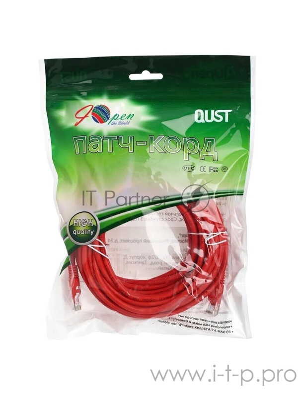 Патчкорд литой Aopen/Qust UTP кат.5е 10м красный