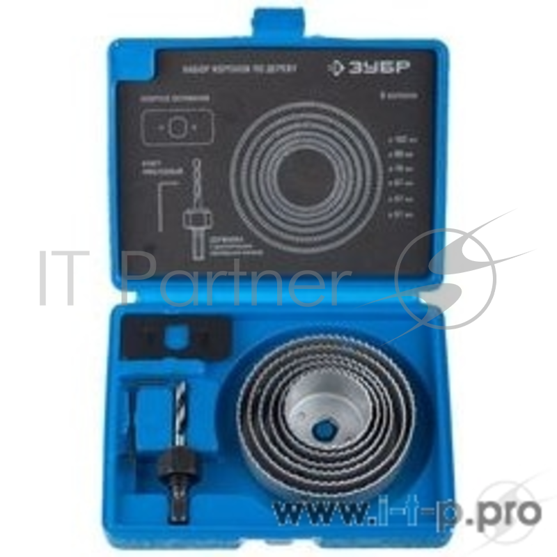 Буры,сверла,долото Набор ЗУБР ЭКСПЕРТ Коронки по дереву 51-102мм, державка с опорным основанием, имбусовый ключ 2,5м, 8 предметов