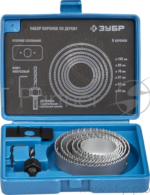 Буры,сверла,долото Набор ЗУБР ЭКСПЕРТ Коронки по дереву 51-102мм, державка с опорным основанием, имбусовый ключ 2,5м, 8 предметов
