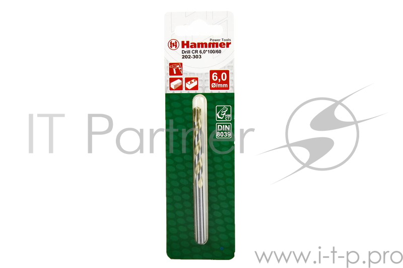 Сверло Hammerflex 202-303 DR CR 6,0мм*100/60мм камень, DIN8039, HRC
