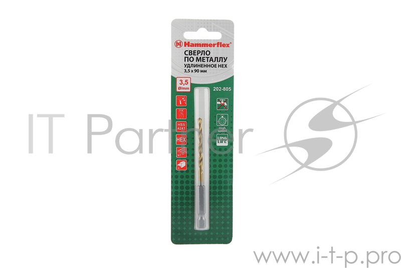 Сверло Hammerflex 202-805 DR MT 3,5мм*90 тип хвостовика - HEX, металл, HSS-4241, TIN