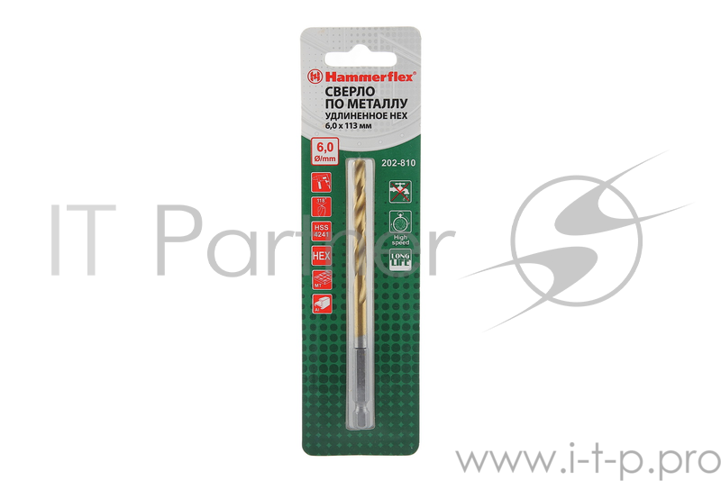 Сверло Hammerflex 202-810 DR MT 6,0мм*113 тип хвостовика - HEX, металл, HSS-4241, TIN