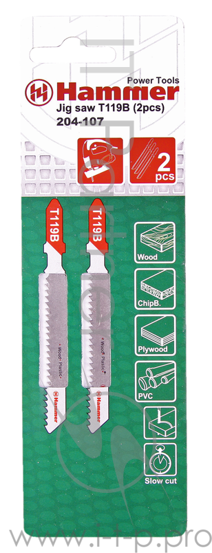 Пилка для лобзика Hammerflex 204-107 JG WD-PL T119B (2pcs) мягк.дрпл, 67мм, шаг 1.9-2.3, HCS, 2шт