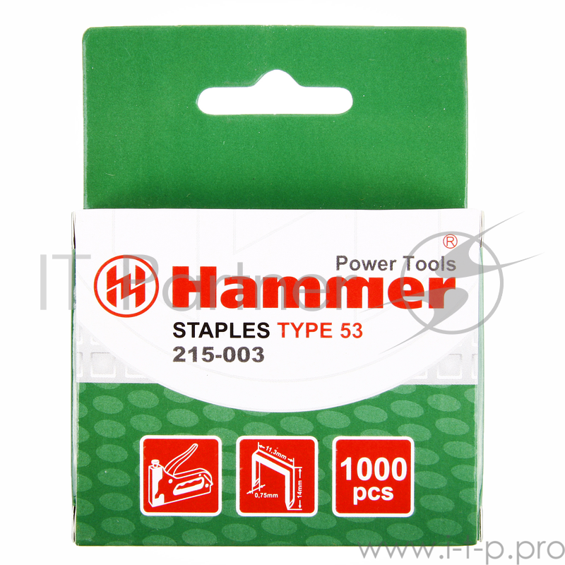 Скобы для степлера 14мм Hammerflex 215-003 , ширина 11.3мм, сечение 0.75мм, П-образные (тип 53), 100