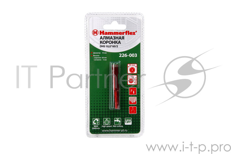 Алмазная трубчатая коронка Hammerflex 226-003 DHS 10,0*65/5, A3, алмаз 60Р, керамогранит