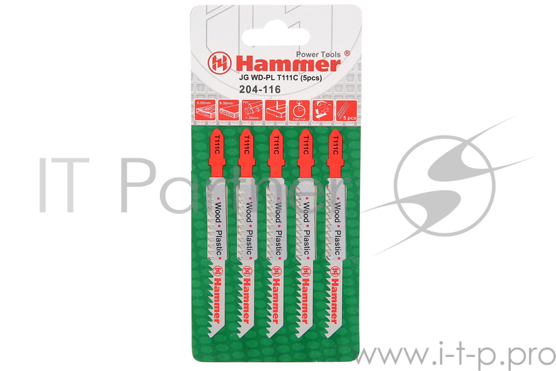 Пилка для лобзика Hammerflex 204-116 JG WD-PL T111C (5pcs) мягк.дрпл, быстро, 74мм, шаг 3.0, HCS