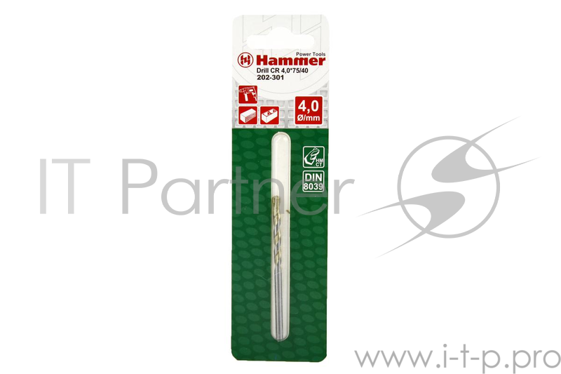 Сверло HAMMER Flex 202-301 DR CR 4,0мм*75/40мм камень, DIN8039, HRC