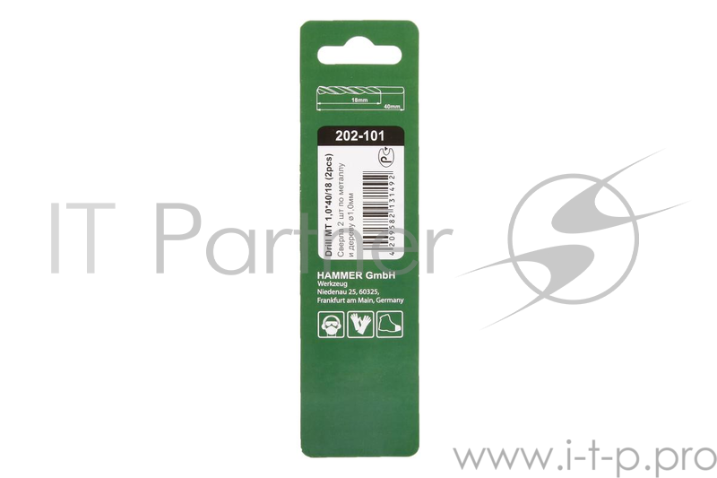 Сверло HAMMER Flex 202-101 DR MT 1,0мм*40/18мм металл, DIN338, HSS-G, TIN, 2шт.