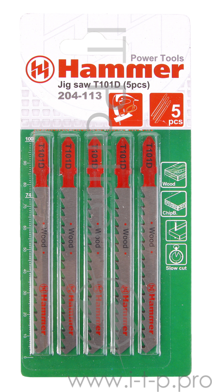 Пилка для лобзика Hammer Flex 204-113 JG WD T101D деревопластик, 74мм, шаг 4.0-5.2, HCS, 5шт.