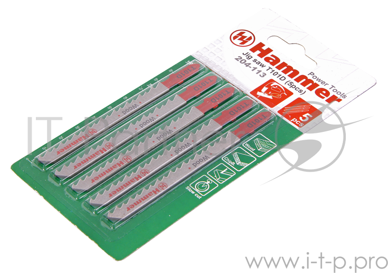Пилка для лобзика Hammer Flex 204-113 JG WD T101D деревопластик, 74мм, шаг 4.0-5.2, HCS, 5шт.