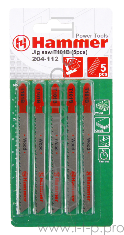 Пилка для лобзика Hammer Flex 204-112 JG WD T101B деревопластик, 74мм, шаг 2.5, HCS, 5шт.
