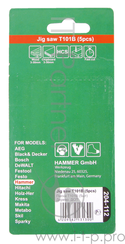 Пилка для лобзика Hammer Flex 204-112 JG WD T101B деревопластик, 74мм, шаг 2.5, HCS, 5шт.