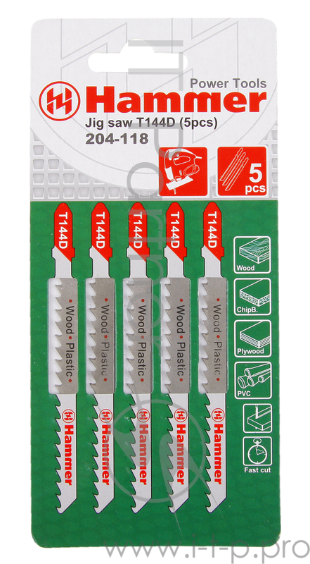 Пилка для лобзика Hammer Flex 204-118 JG WD-PL T144D дерево, 74мм, шаг 4.0-5.2, HCS, 5 шт.