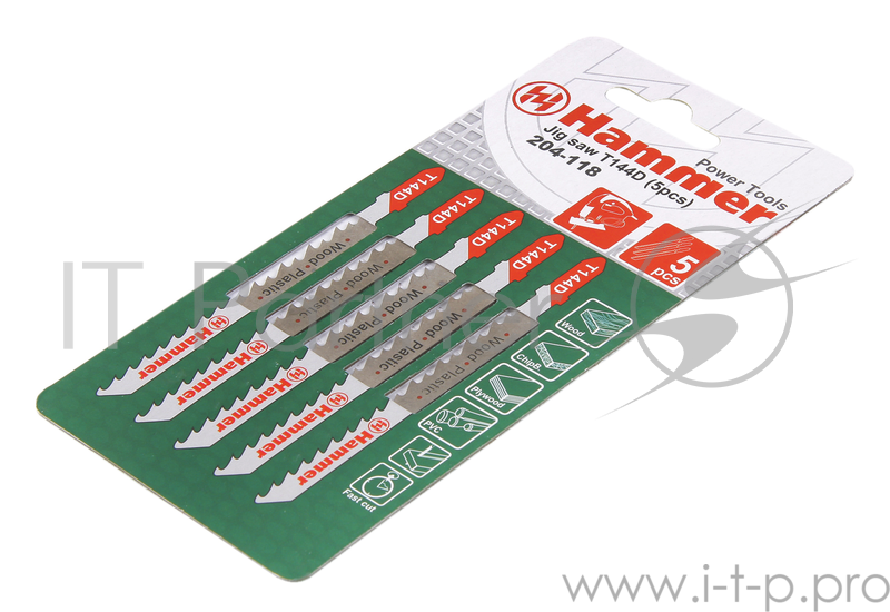 Пилка для лобзика Hammer Flex 204-118 JG WD-PL T144D дерево, 74мм, шаг 4.0-5.2, HCS, 5 шт.