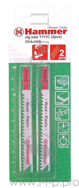 Пилка для лобзика Hammer Flex 204-106 JG WD-PL T111C мягк.дерпл, 74мм, шаг 3.0, HCS, 2 шт.