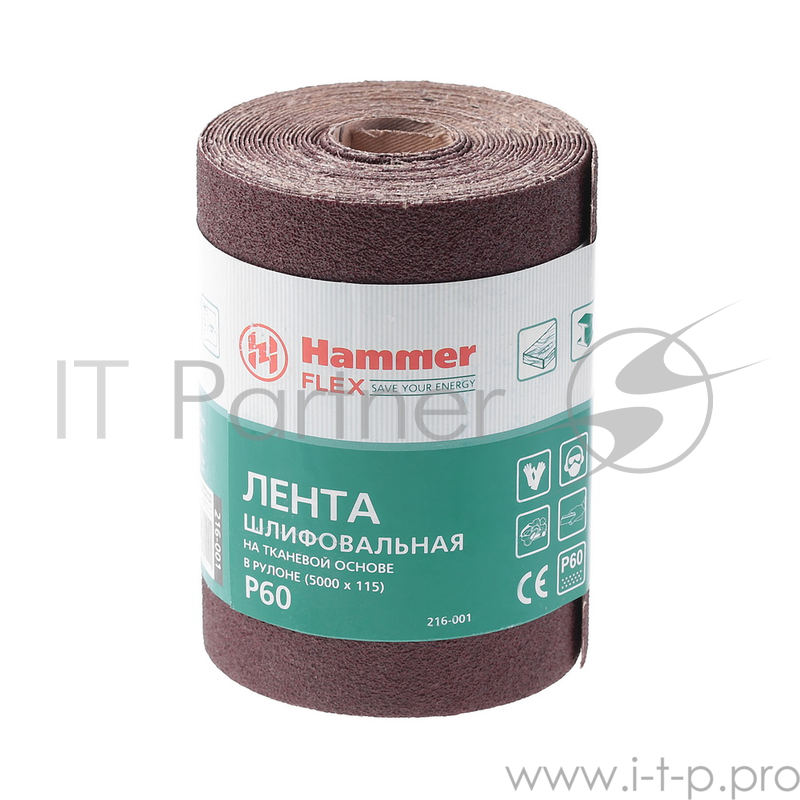 Лента шлиф. Hammer Flex 216-001 115х5м P60 ткан. основа, рулон