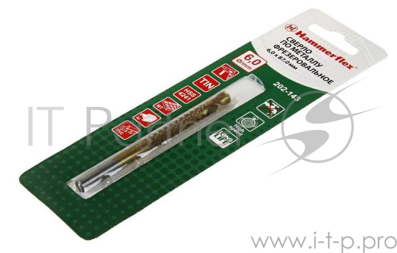 Сверло HAMMER Flex 202-143 DR MT 6,0мм*87 ФРЕЗА металл, HSS-4241, TIN