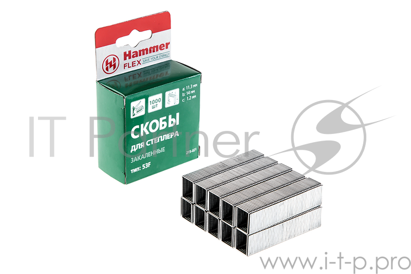 Скобы для степлера Hammer Flex 215-021 закален.14м, сечение 1,2мм, длина 11,3мм (тип 53F), 1000шт.