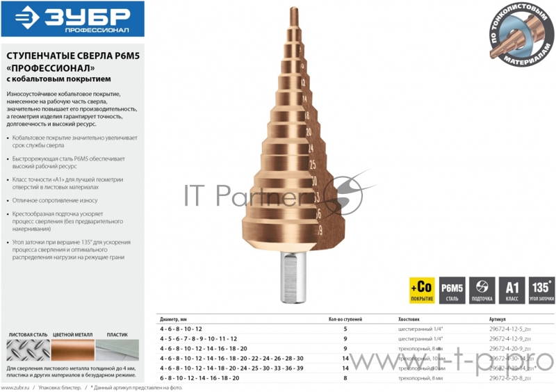 Сверло ступенчатое Зубр 29670-4-39-14_z01 d=4- 39мм, 14ступ. d=4-39, L -113мм, трехгран.хв. 10мм п