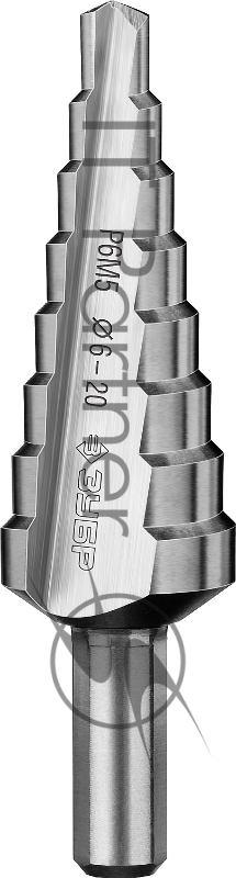Сверло ступенчатое Зубр 29670-6-20-8_z01 d=6-20мм, 8ступ. d=6-8-10-12-14-16-18-20, L-75мм, 3-х гран