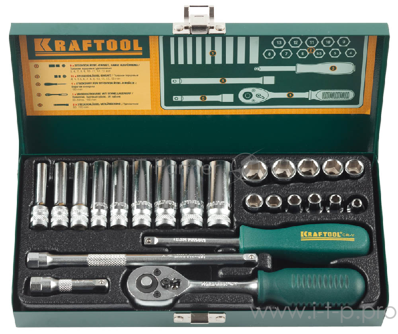 Наборы Набор торцовых головок KRAFTOOL INDUSTRIE QUALITAT (27890-H24_z01) (1/4) универсальный, Cr-V, металлический кейс, 24 предмета