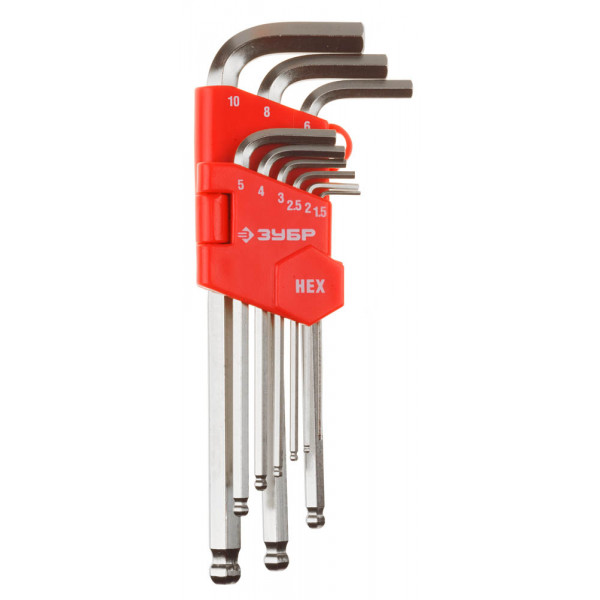 Набор ЗУБР 27461-2_z02 МАСТЕР Ключи имбусовые длинные с шариком, Cr-V, HEX 1,5-10мм, 9 пред