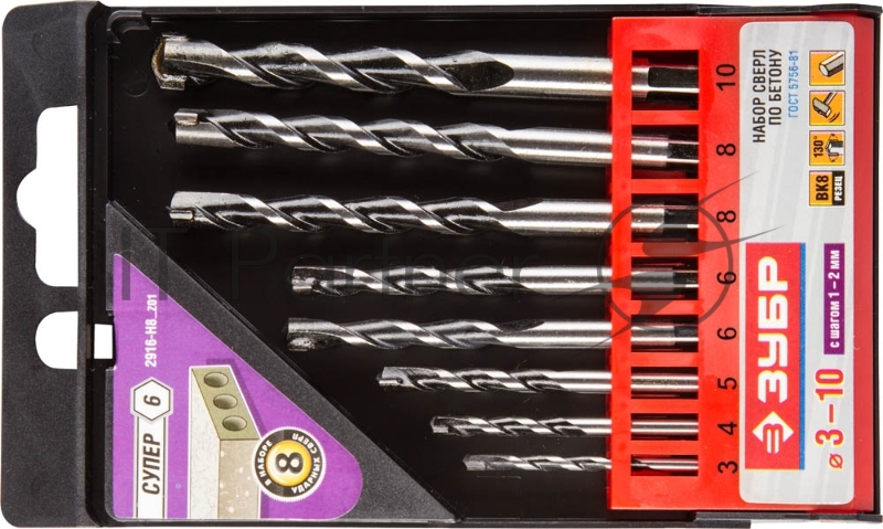 Набор сверл ЗУБР 2916-H8_z01 СУПЕР-6 по бетону ударные HEX хвостовик 3, 4, 5, 6, 6, 8, 8, 10мм 8шт
