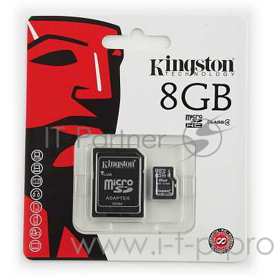 Карта памяти Micro SecureDigital 8Gb Kingston SDC4/8GB {MicroSDHC Class 4, SD adapter}
