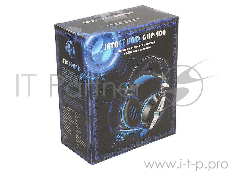 Игровая стереогарнитура с LED-подсветкой Jet.A GHP-400 чёрно-синяя (звуковая схема 2.0, ПУ на шнуре, 2x mini jack 3.5мм 3pin+USB + адаптер mini jack 3