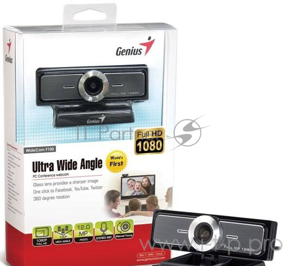 Цифровая камера Genius WideCam F100, Камера д/видеоконференций, max. 1920x1080, USB 2.0, встроенный микрофон, градус обзора - 120, Full HD 1080p (12M, Colour box