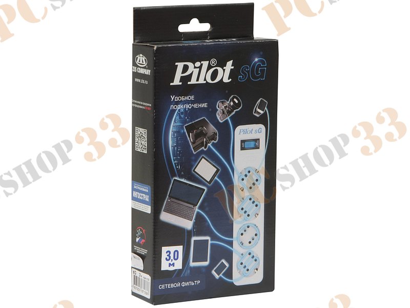 Сетевой фильтр на 4 розетки ZIS Pilot sG, серый (3.0м)