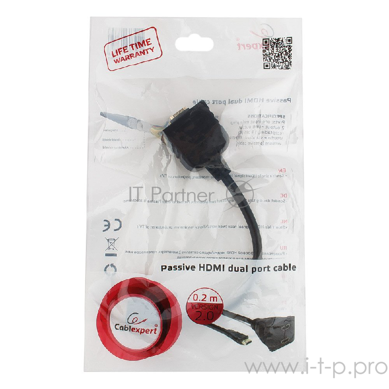 Разветвитель Cablexpert DSP-2PH4-002 Разветвитель HDMI Cablexpert DSP-2PH4-002, HD19F/2x19F, 1 компьютер = 2 монитора, пассивный, Full-HD, 3D, 1.4v