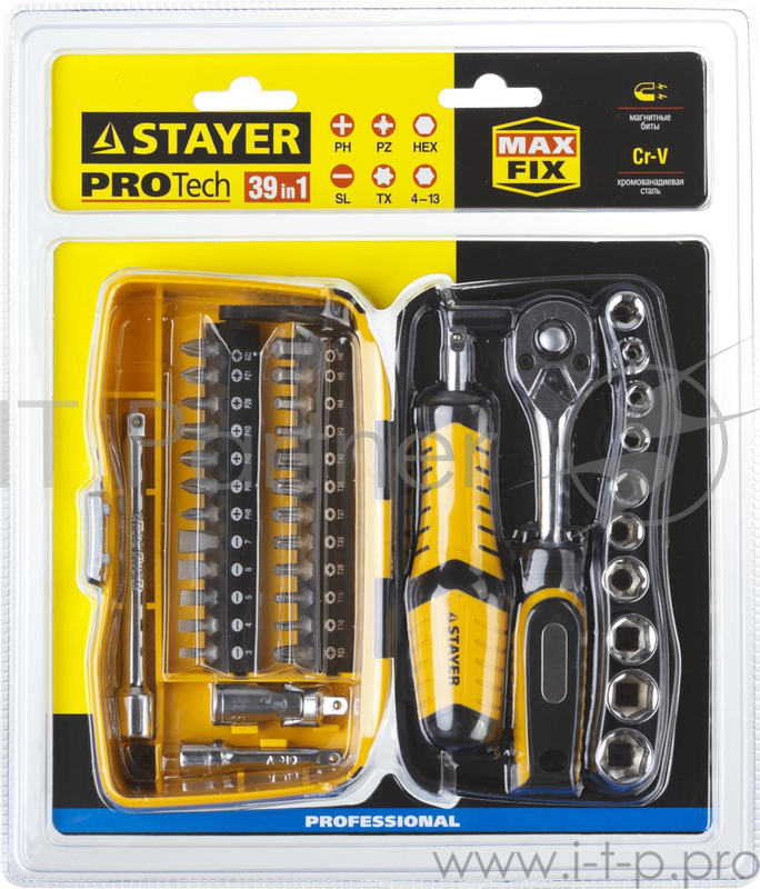 Набор STAYER PROFESSIONAL 25135-H39 Биты и торцовые головки с трещеткой и воротком. 39 предметов