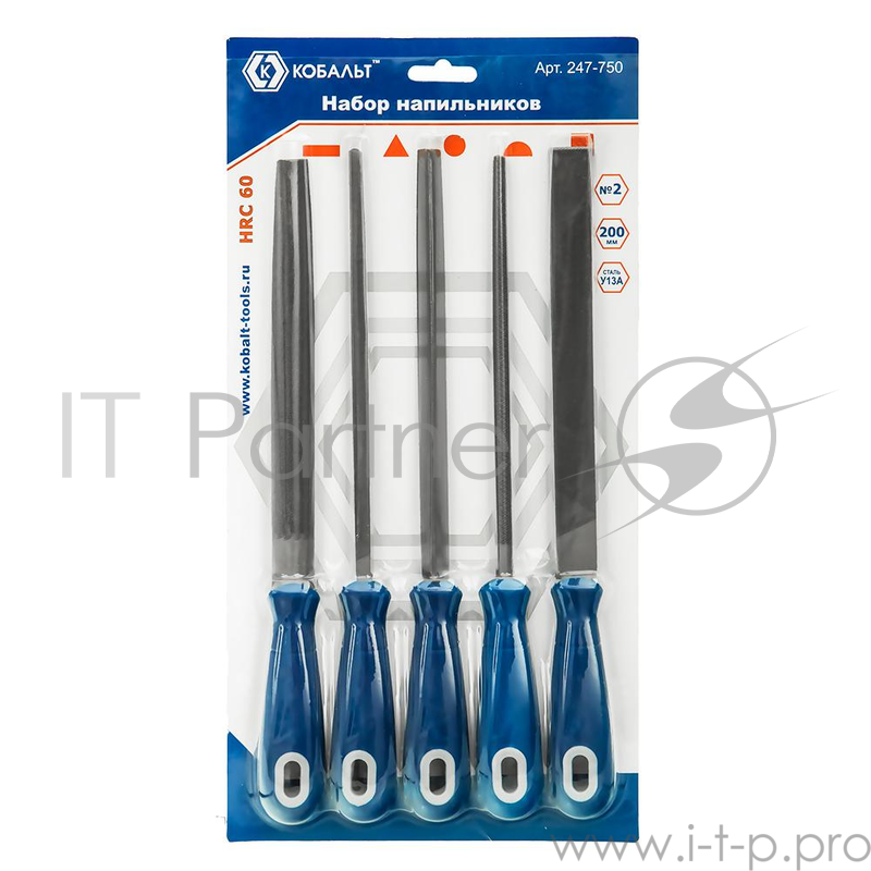 Набор напильников КОБАЛЬТ 247-750 двухкомпонентная рукоятка, № 2, 200 мм. 5 шт. блистер