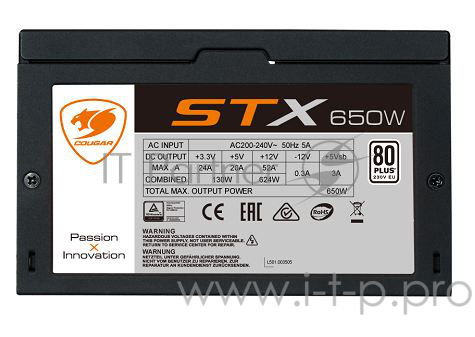 Блок питания Cougar STX 650 Блок питания STX 650 (Разъем PCIe-2шт,ATX v2.31, 650W, Active PFC, 120mm Fan, 80 Plus) STX650 Retail