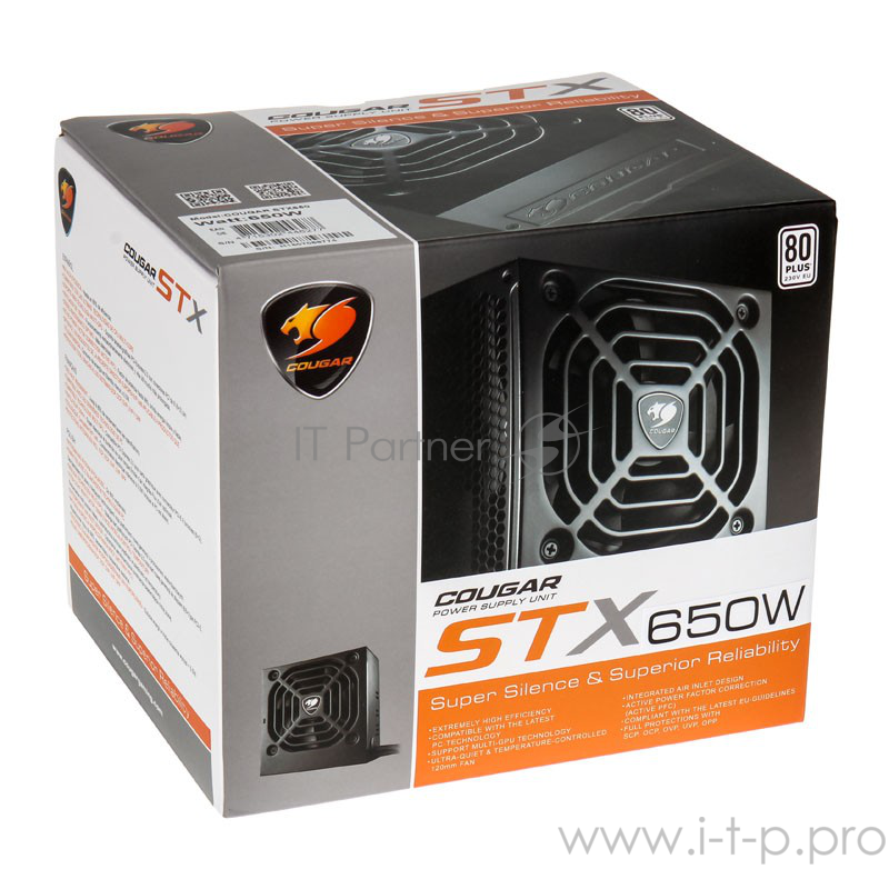 Блок питания Cougar STX 650 Блок питания STX 650 (Разъем PCIe-2шт,ATX v2.31, 650W, Active PFC, 120mm Fan, 80 Plus) STX650 Retail
