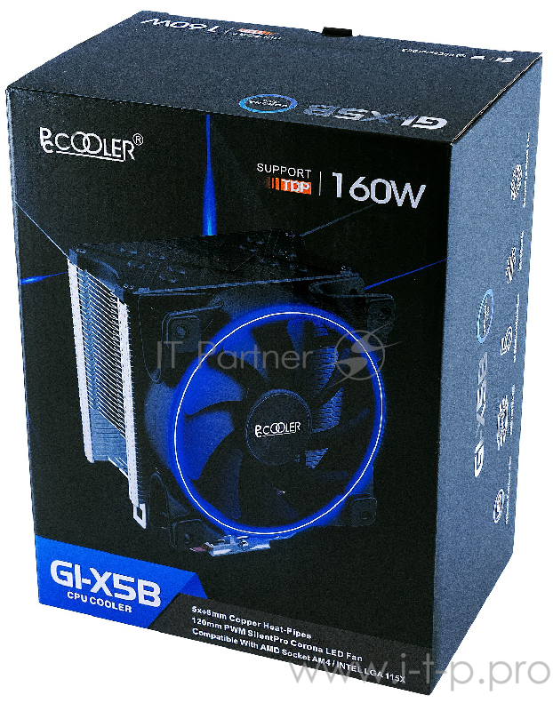 Вентиляторы PCCooler GI-X5B Кулер GI-X5B S775/115X/AM2/AM3/AM4 (24 шт/кор, TDP 160W, вент-р 120мм с PWM, Blue LED FAN, 5 тепловых трубок 6мм, 1000-1800RPM, 26.5dBa)