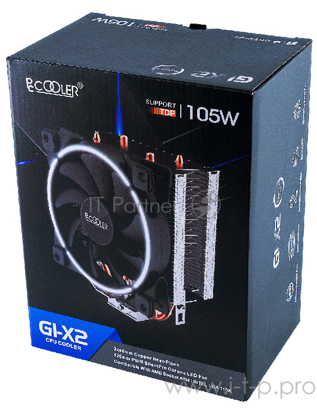 Вентиляторы PCCooler GI-X2 Кулер GI-X2 S775/115X/AM2/AM3/AM4 (24 шт/кор, TDP 105W, вент-р 120мм с PWM, 2 тепловые трубки 6мм, белая LED подсветка, 1000-1800RPM, 26.5dBa)