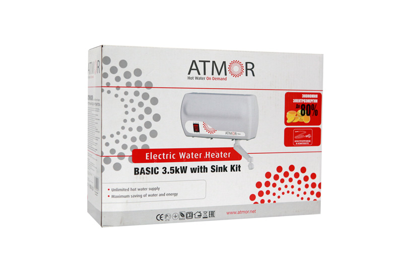 Водонагреватель Atmor BASIC 3,5 KW TAP проточный кухонный гусак комплект сменных и уплотнительных колец, Механическое управление. Сетевой шнур 1,2 м. 2 года