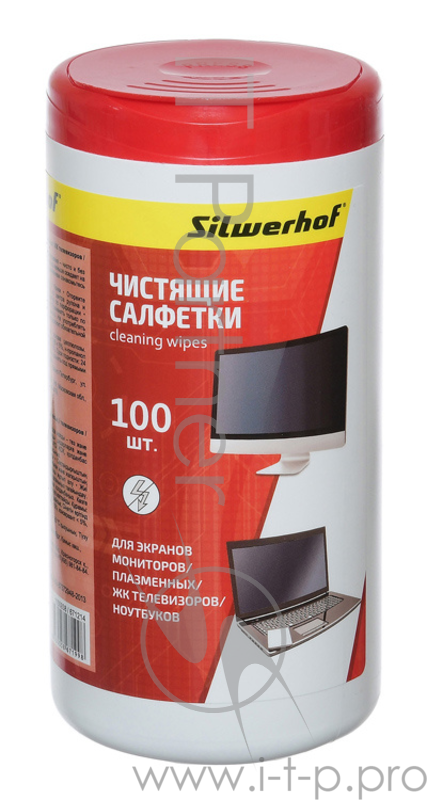 Салфетки Silwerhof 671214 для экранов мониторов/плазменных/ЖК телевизоров/ноутбуков туба 100шт влажных