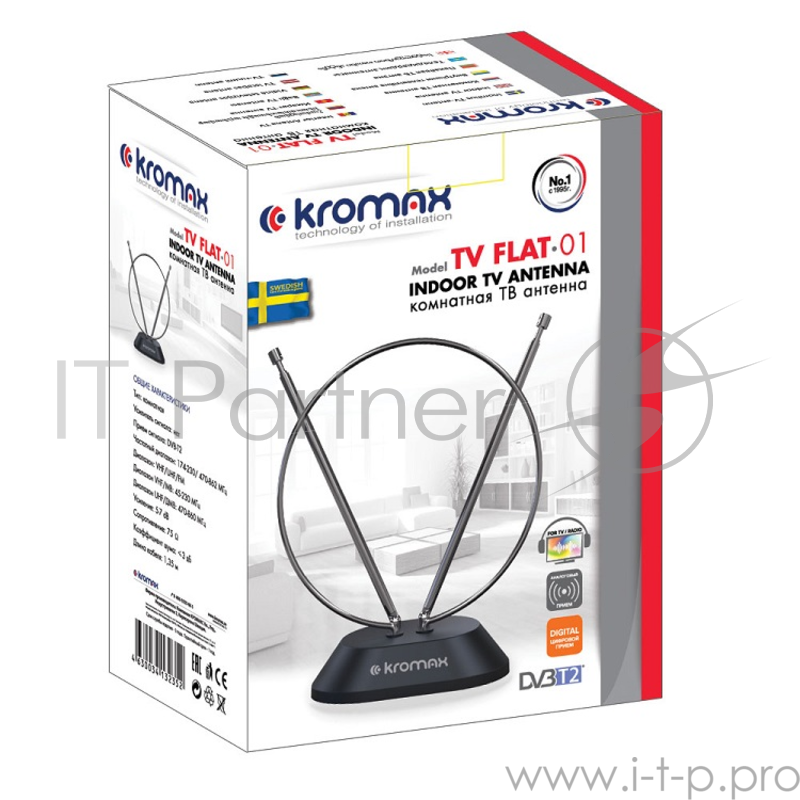 Телевизионная антенна Kromax TV FLAT-01 black Комн. пас. антенна, VHF: 45-230 МГц, UHF: 470-860 МГц, коэф. ус.5-7dB