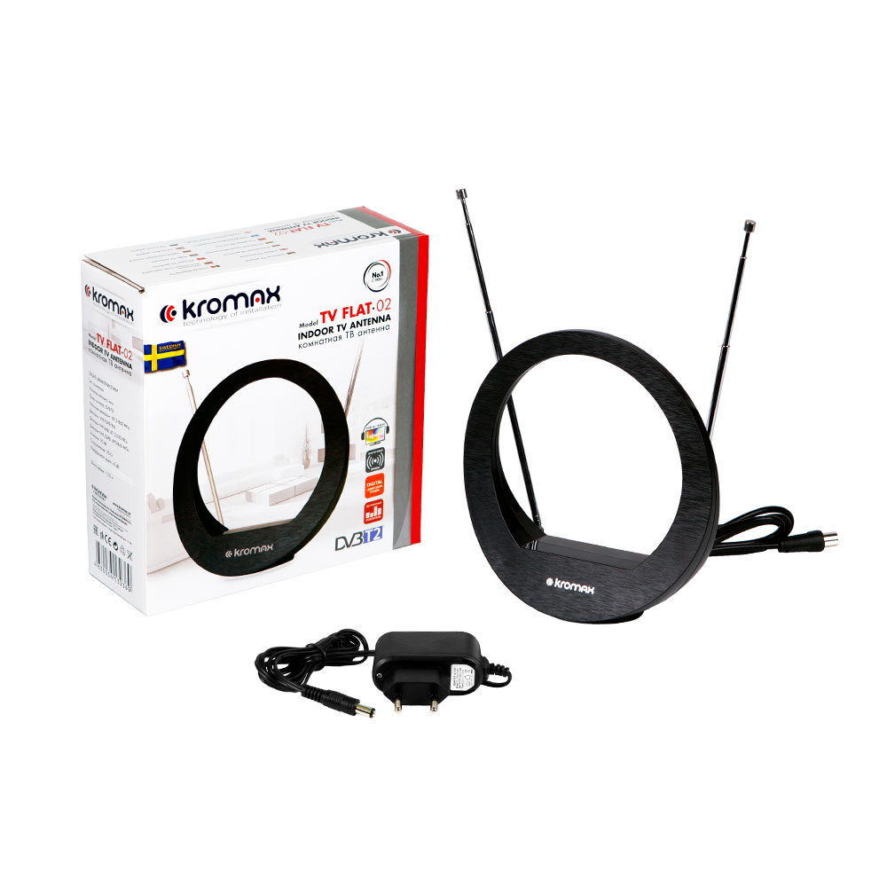 Телевизионная антенна Kromax TV FLAT-02 black Комн. акт. антенна, VHF: 87,5-230 МГц, UHF: 470-860 МГц, коэф. ус 30dB питание: от приемника
