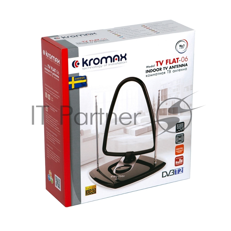 Телевизионная антенна Kromax TV FLAT-06 black Комн. акт. антенна, VHF: 87,5-230 МГц, UHF: 470-860 МГц, коэф. ус 30dB питание: адапт. в комплекте